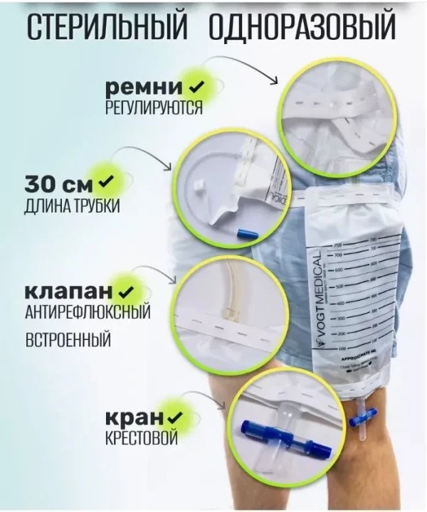 Мочеприемник одноразовый, ножной, 750 мл. Упаковка 100шт